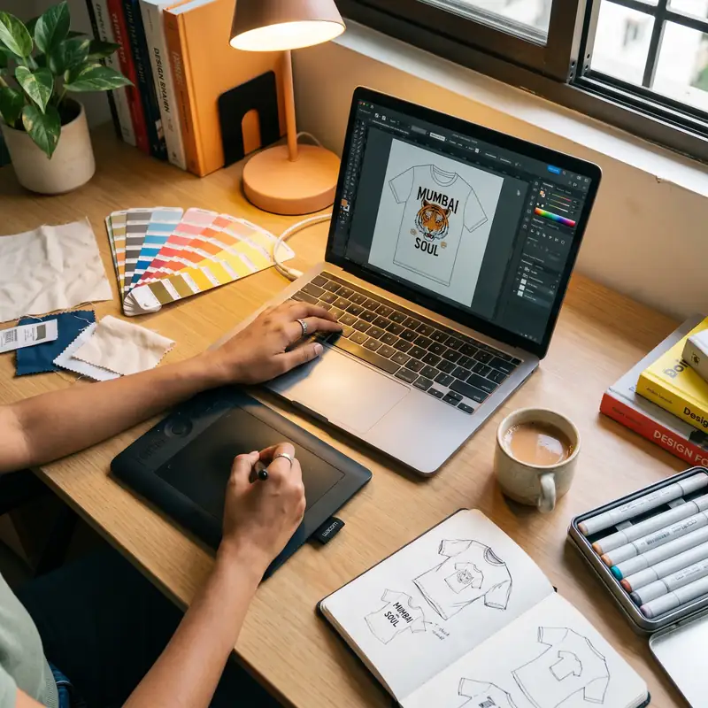Designer creating custom T-shirt mockup on laptop with sketches and color swatches