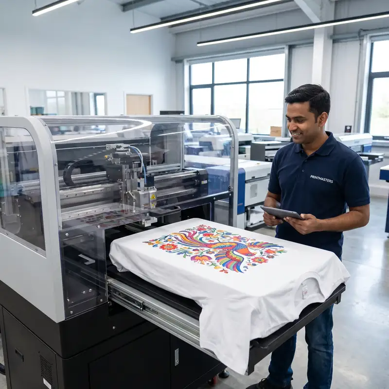 DTG digital printing machine printing colorful design on white T-shirt