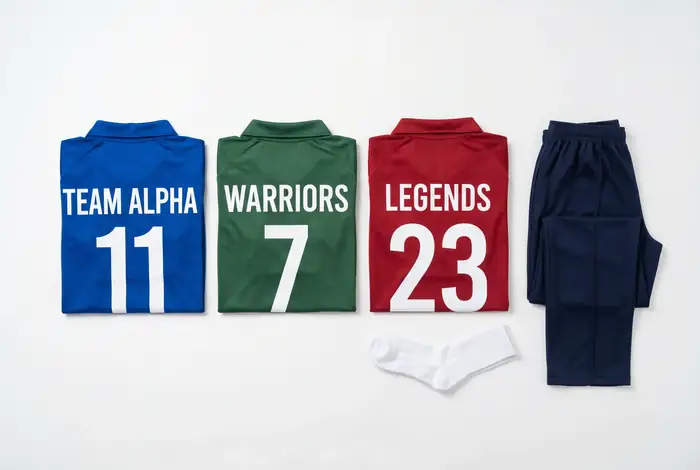 Custom cricket jerseys in blue, green, and red — flat lay product display