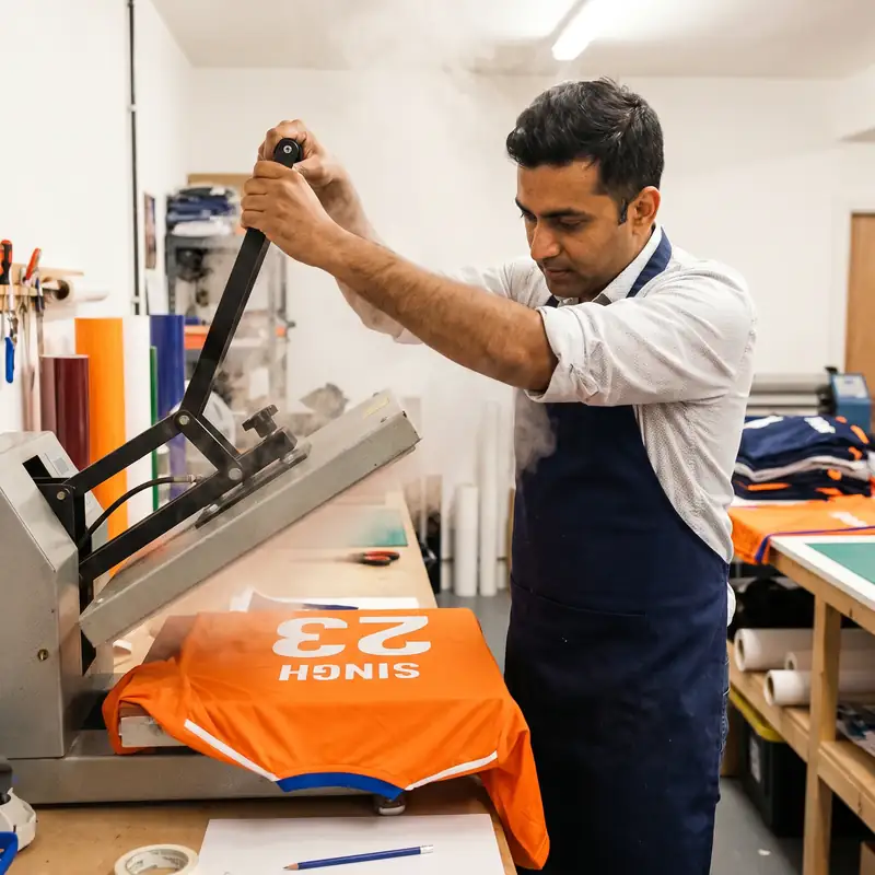 Heat press machine applying vinyl transfer to sports jersey