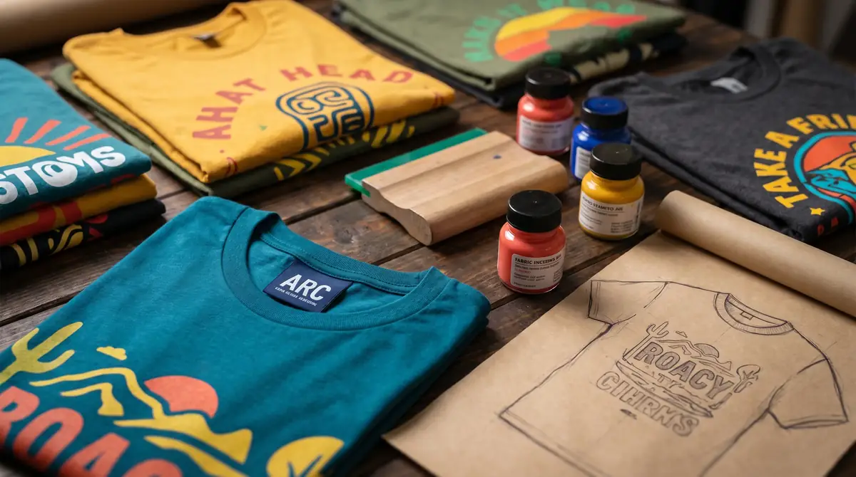Custom printed T-shirts by Anna Readdy Customs — flat lay of colorful custom tees with printing tools