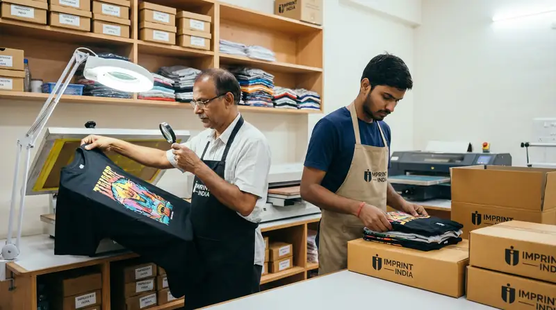 Quality inspection — workers checking printed T-shirts before packing and shipping