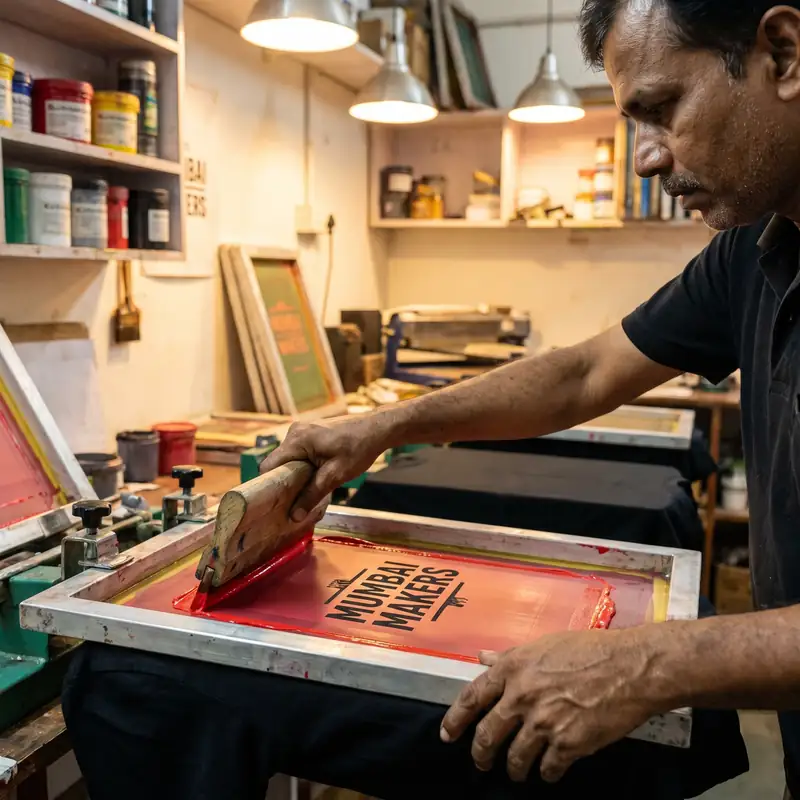 Screen printing process — Indian craftsman printing custom design on T-shirt